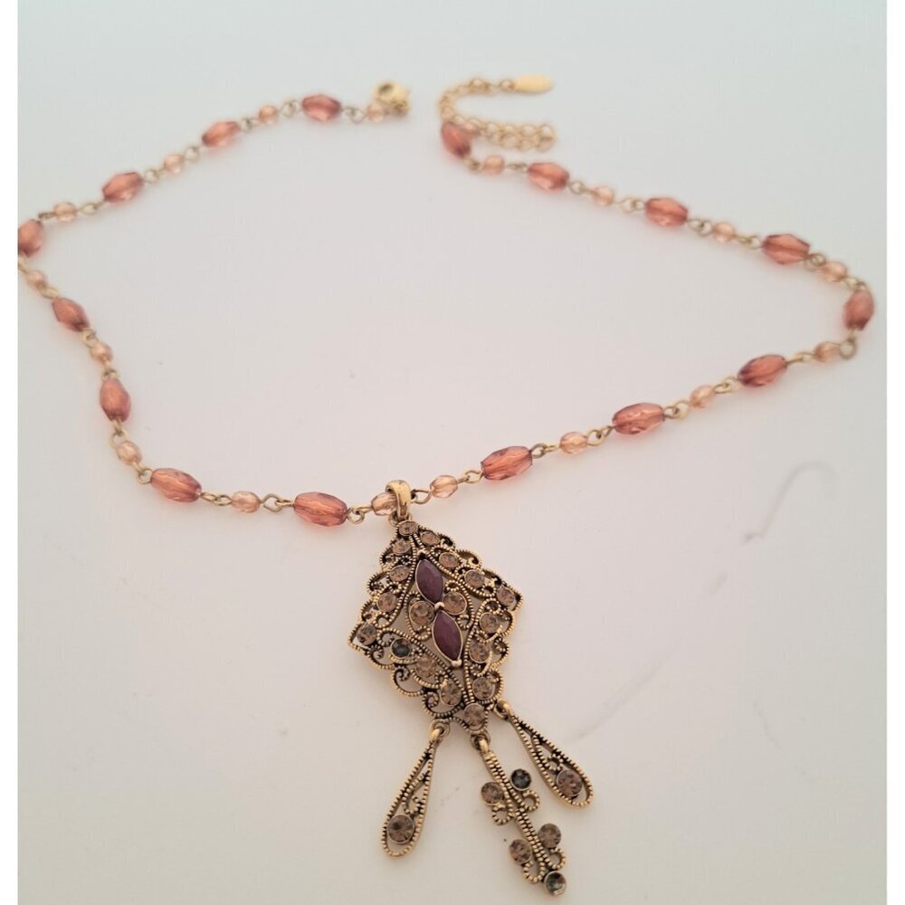 Women's Vintage Jewelry Pendant Necklace Purple‎ Stone Orange Bead Diamond Shape